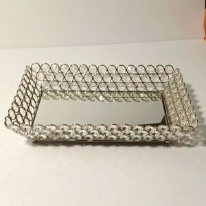 Elegant Silver Beaded Mirror Vanity Tray 10 Inches Long And 7 Inches Wide